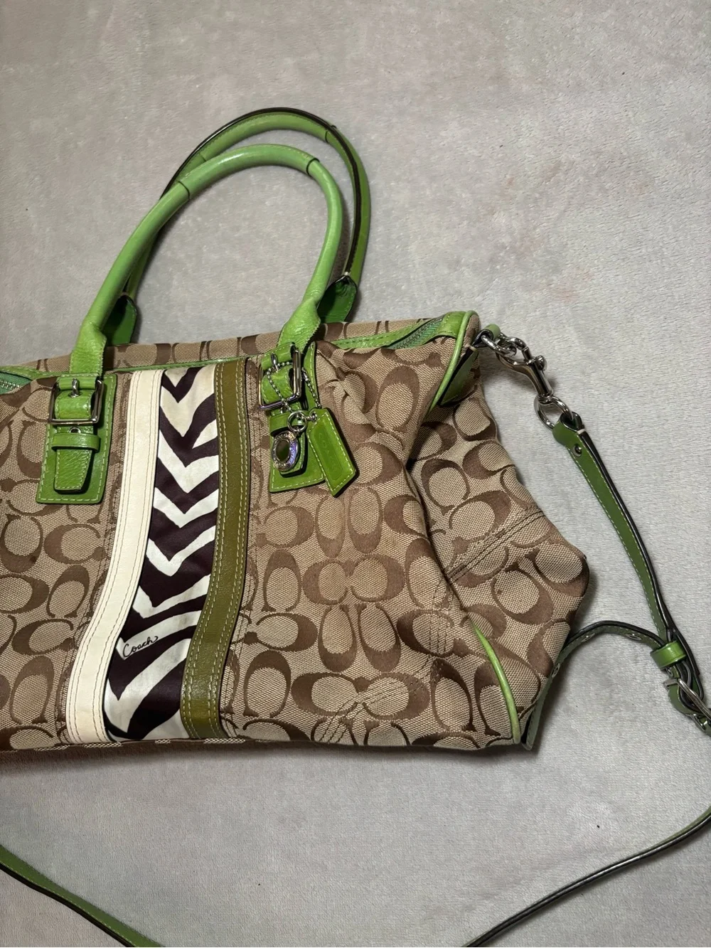 Rare Vintage Coach Hampton Nancy Signature Zebra Stripe Satchel Green Handbag
